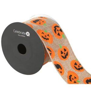 Halloween Wired Ribbon 2.5 In X 6.6 Yd Pumpkin Print Celebrate It Polyester Craf